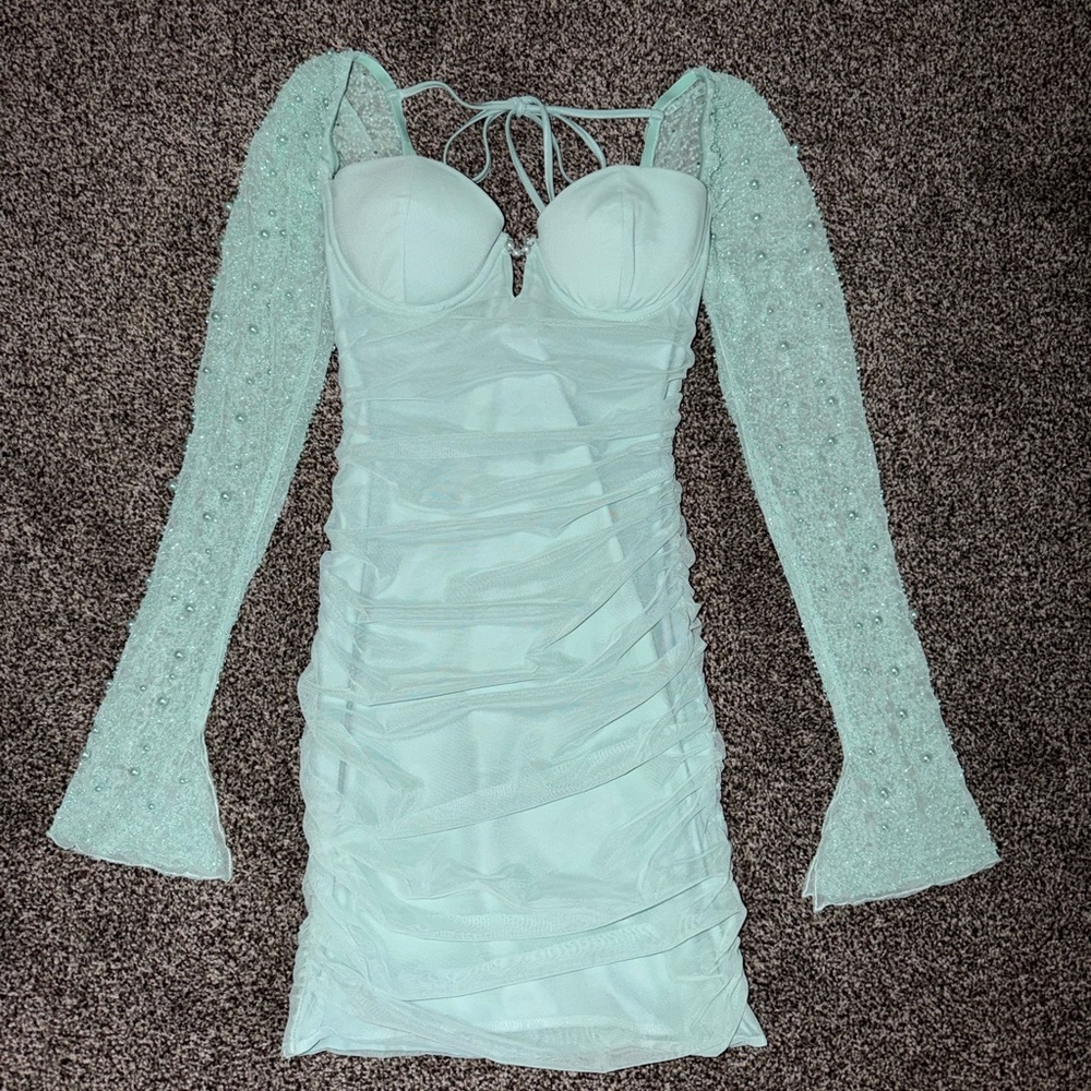 Oh Polly Mint Green Ruched Lace Dress